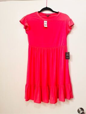 Express Coral Pink Babydoll Dress NWT Ruffle Sleeve Tiered Mini Knit Stretch XS